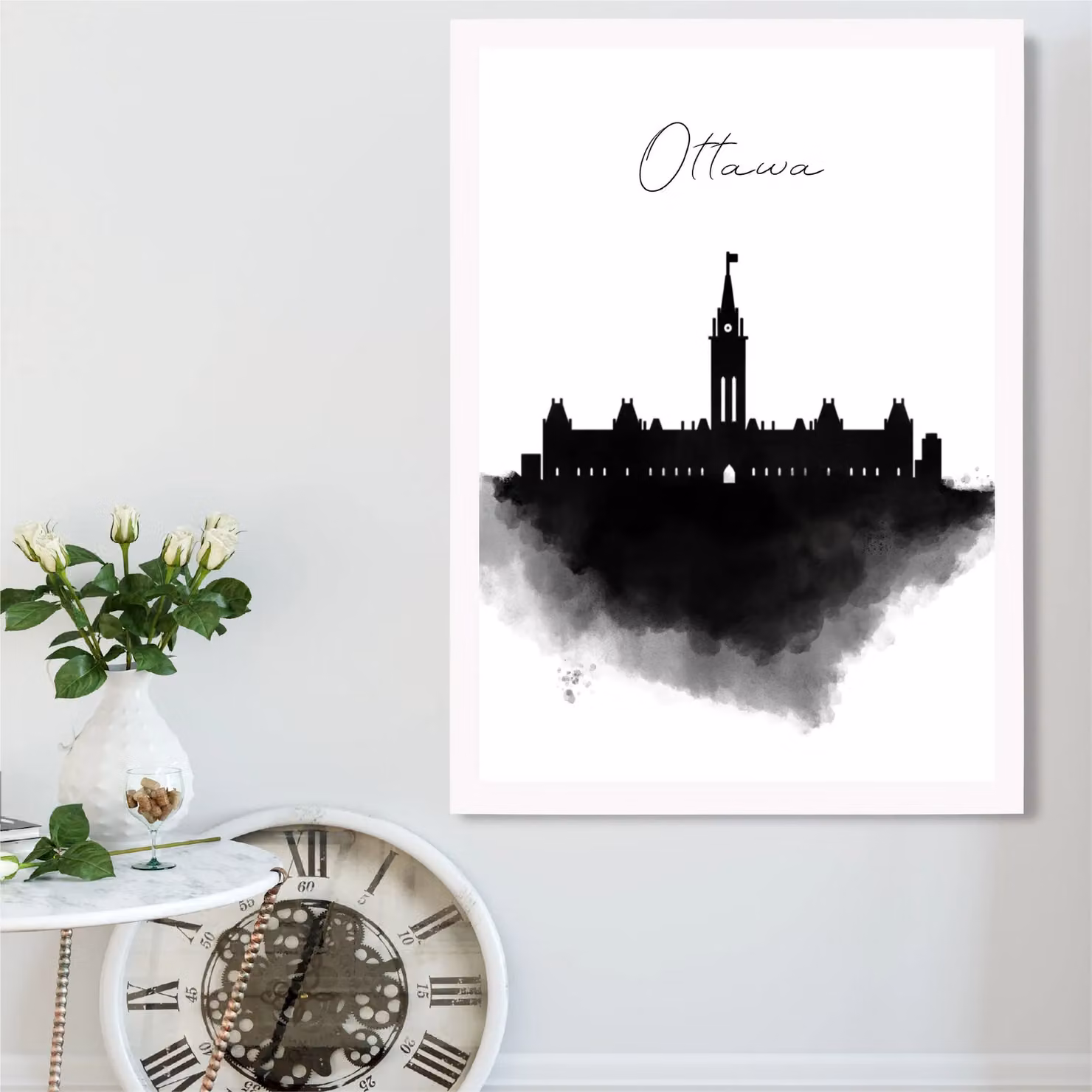 ARTZE Ottawa Watercolour Skyline City Framed Print with Black and White Frame – 2