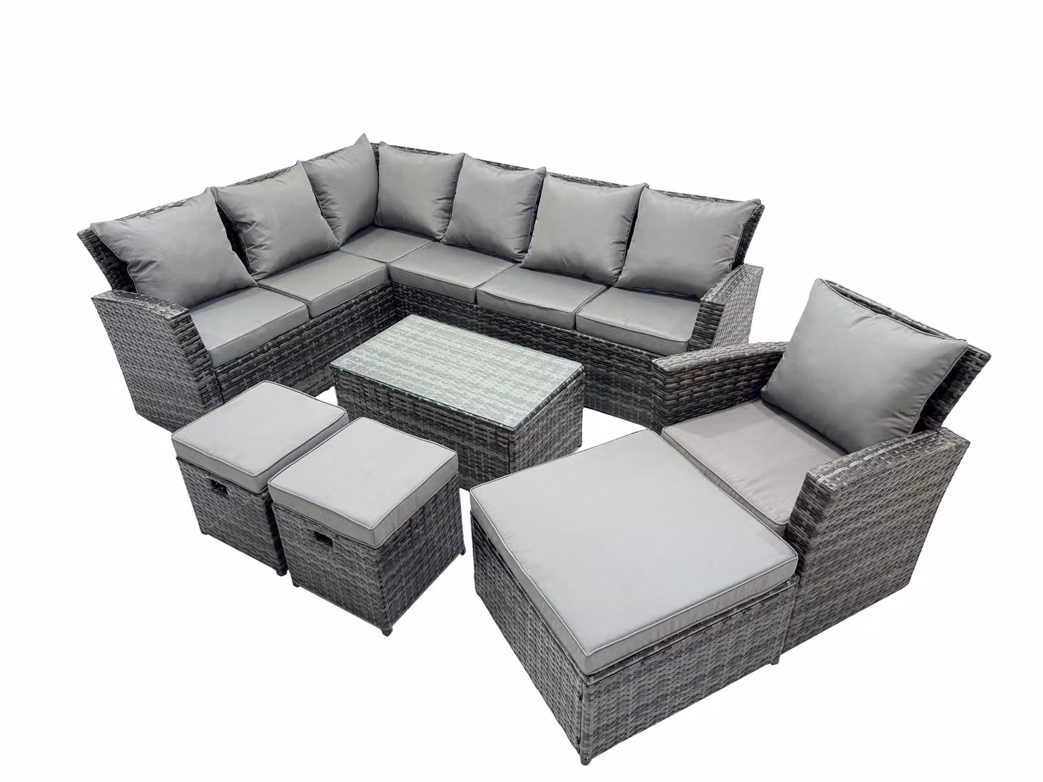 Fimous 10 Seat Rattan High Back L-Shape Corner Sofa Set with Matching Ottoman and 3 Stools in Dark Grey – 2