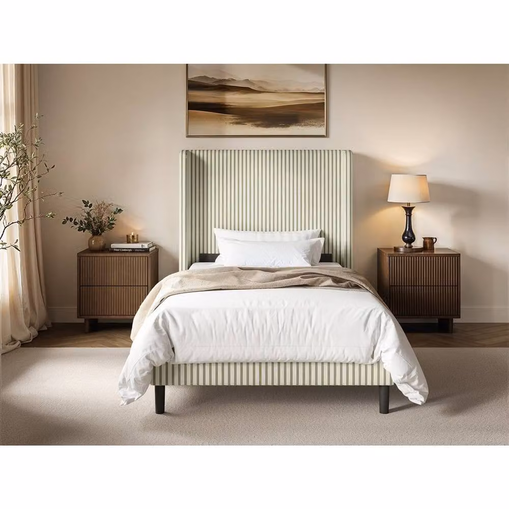 Solace+Co Jovanna Striped Single Bed with Winged Headboard in Green, Cream and Brown Woven Fabric, W/D/H: 90 x 200 x 108 cm – 2