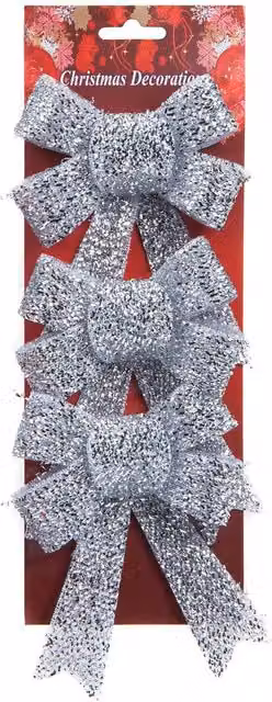 VFM e-Store Silver Tinsel Bows Christmas Decorations, Pack of 3, W/D/H: 10 x 13 x 3 cm