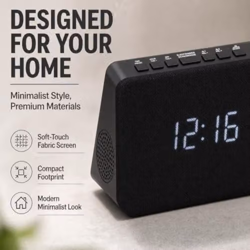 Grouptronics GTQ-RENEW Wireless Charging Alarm Clock Radio with FM Radio and USB Charging, Black with Black Cloth Screen – 5