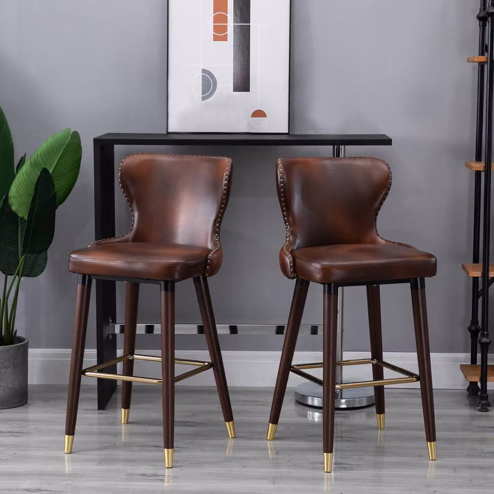 ERGOVEXA Set of 2 Brown PU Leather Bar Stools with Rubberwood Legs – 4