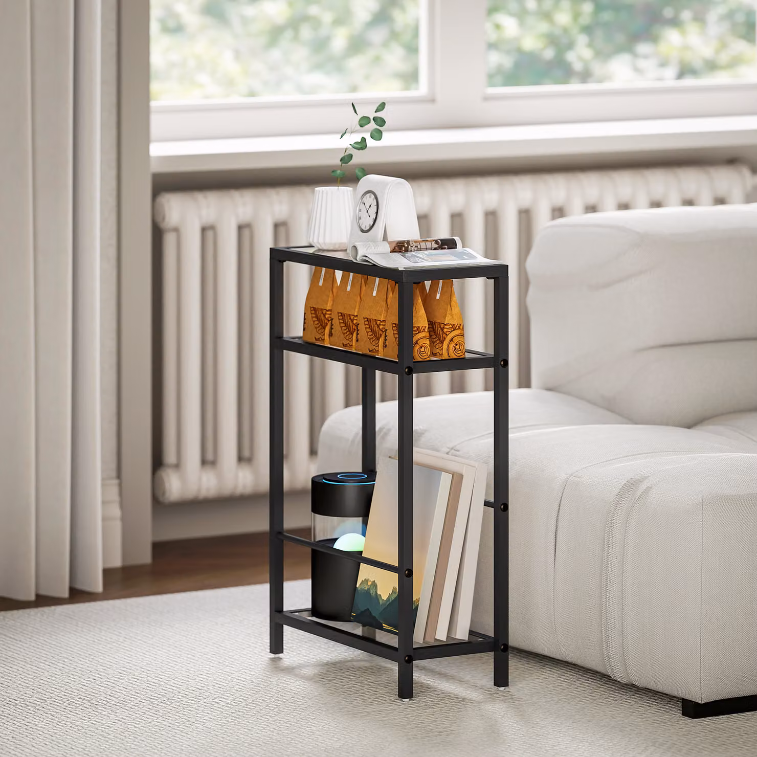 HOMCOM 3-Tier Black Side Table with Tempered Glass Tabletop and Storage Shelf – 7