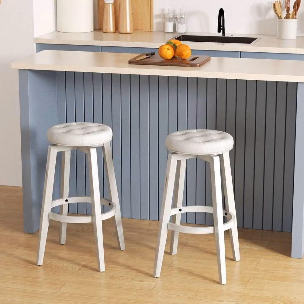 Kelvenix Set of 2 White Fabric Upholstered Vintage Bar Stools with Rubberwood Frame and 360 Degree Swivel – 2