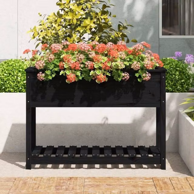 Berkfield Home Black Solid Wood Pine Planter with Shelf, W: 111.5 cm, D: 54 cm, H: 81 cm – 1
