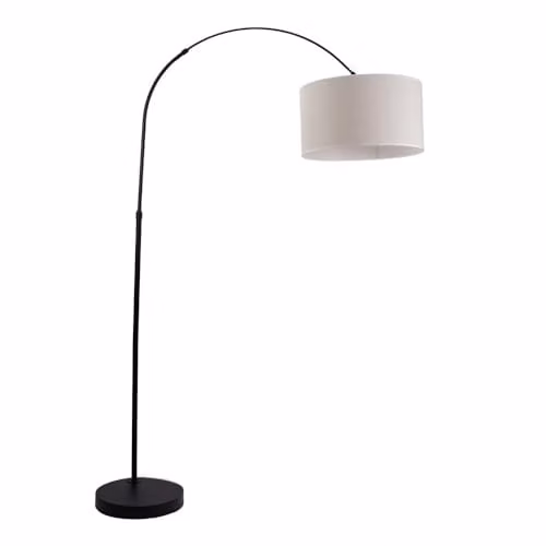 ValueLights Louis Black Metal Arched Floor Lamp with White Fabric Drum Shade, H 177 cm x W 45 cm x D 45 cm