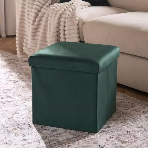 OHS Cube Storage Ottoman in Matte Green Velvet with Hidden Storage and Lid