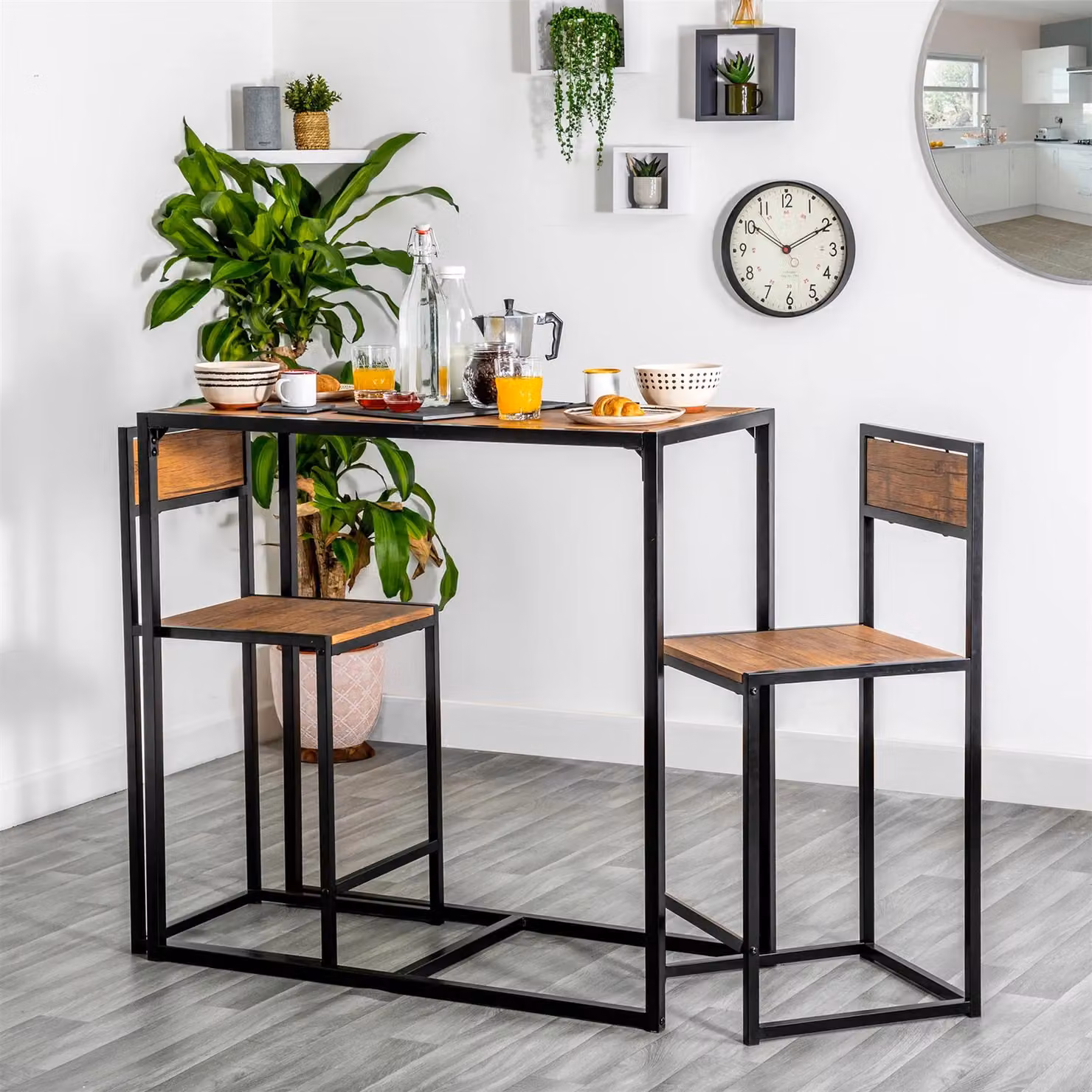 Harbour Housewares 2-Seater Industrial Breakfast Bar Set with Table and Chairs in Brown – 5