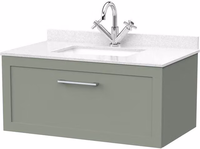 Balterley Stonnall 1 Drawer Vanity Unit with Marble Top and Basin, Reed Green, Width: 80 cm