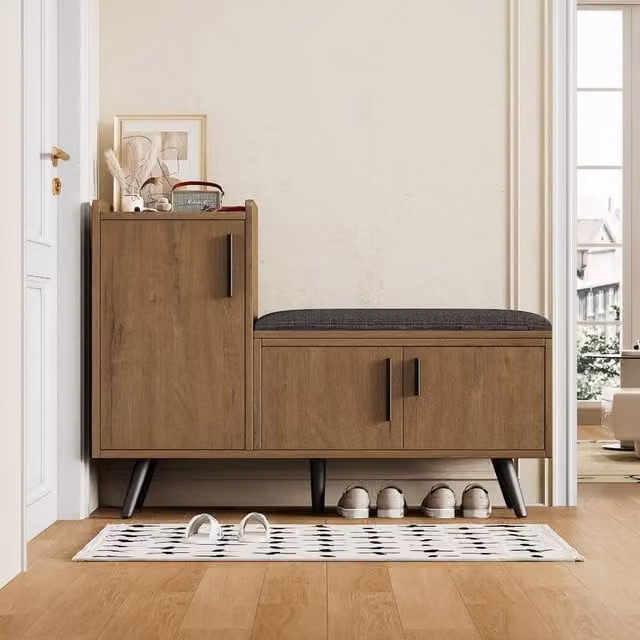 Rolipo Modern Natural Shoe Bench with Seat and Adjustable Storage Cabinet in Brown