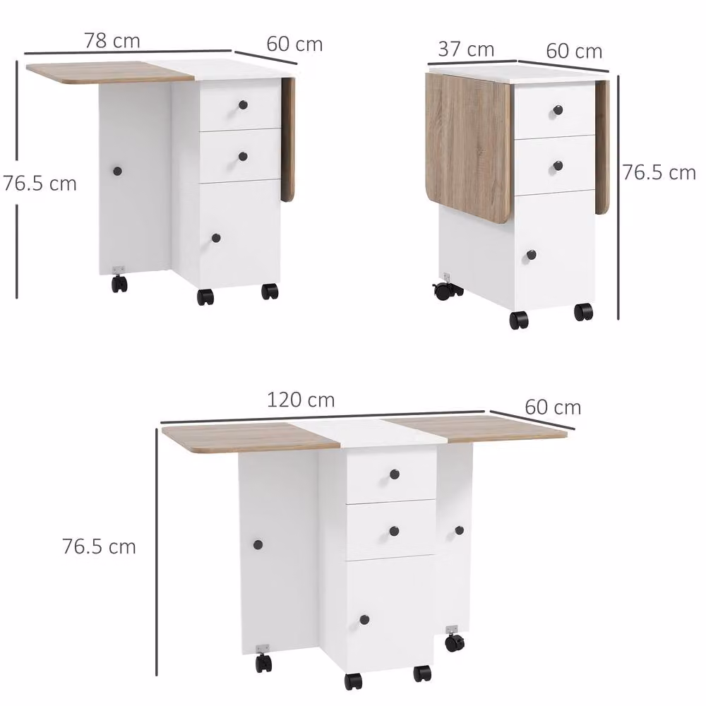STILVORA Drop Leaf Dining Table with Storage and Castors in White – 2
