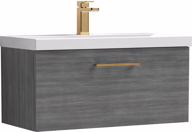 Balterley 800mm Wall Hung 1 Drawer Vanity in Woodgrain Anthracite with Bronze Handle and Grey Finish