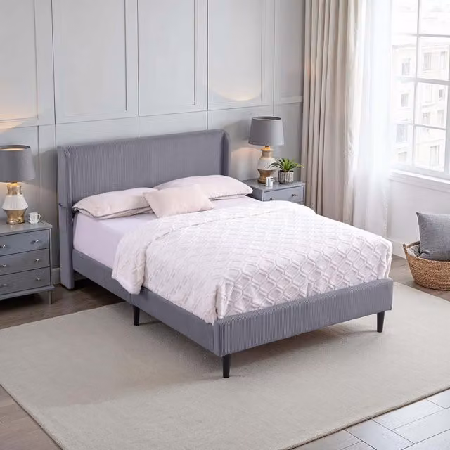 SlumberWorx Modern Upholstered Cord Fabric Winged Bed Frame, Grey, 180 x 200 cm