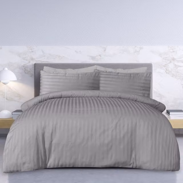 Smart Living Wholesale Ltd. Luxury Mako Satin Striped Reversible Duvet Cover and Pillowcase Set, Grey, Duvet Cover: 180 x 200 cm, Pillowcase: 50 x 75 cm