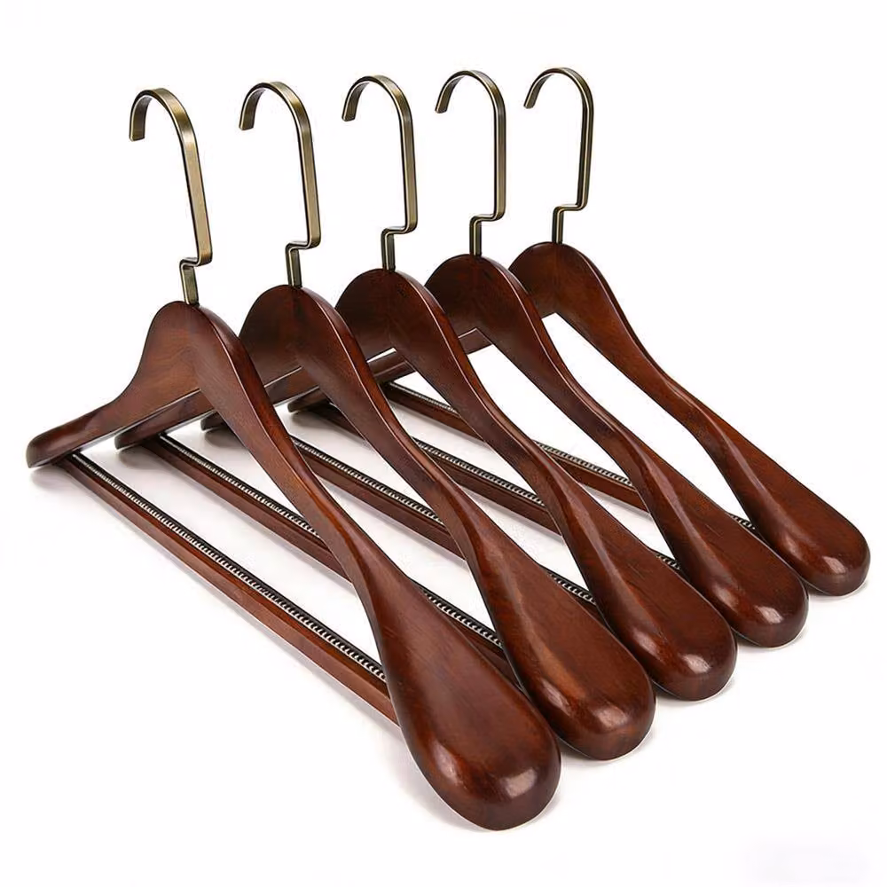 FORGEVIO 5 Pack Brown Wide Shoulder Wooden Suit Hangers with Bar and Swivel Hook, Width: 50 cm – 2