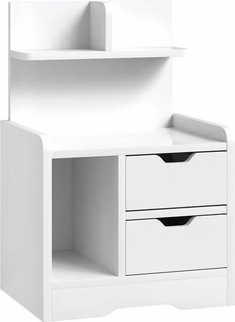 HOMCOM Modern High Gloss White Bedside Table with 2 Drawers and Open Shelves
