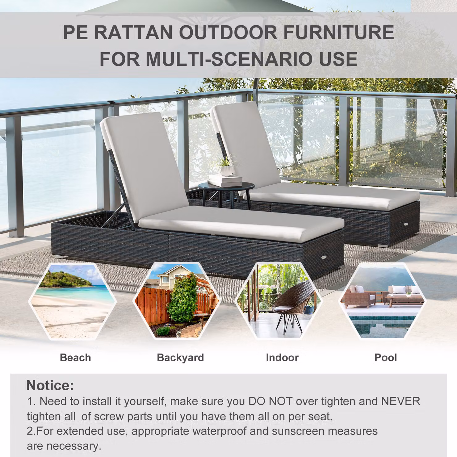 Outsunny Set of Two Brown Rattan Sun Loungers with Reclining Backs and Weatherproof Cushions – 6