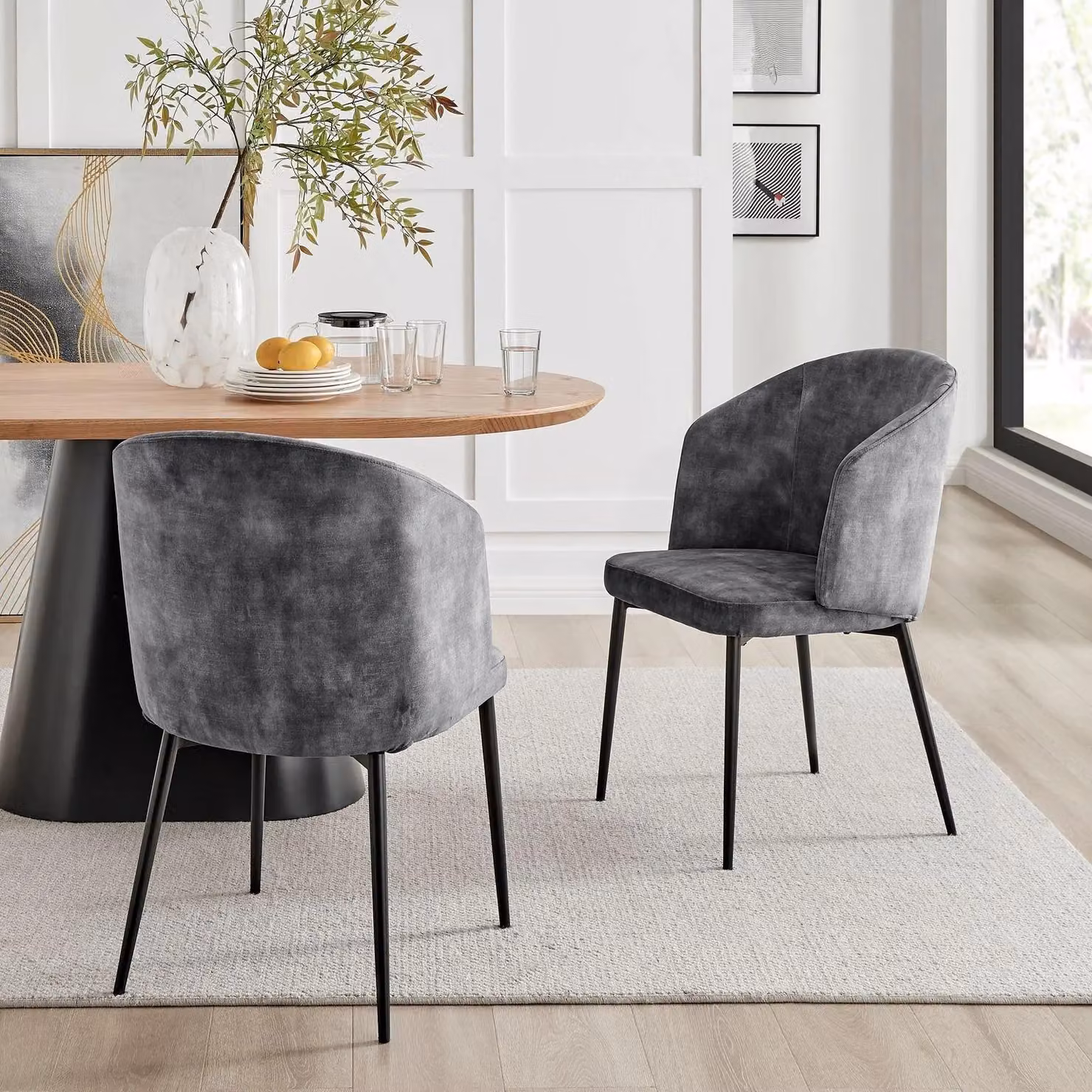 Modish Furnishing Capri Set of 2 Grey Velvet Dining Chairs with Curved Back and Black Metal Legs – 2