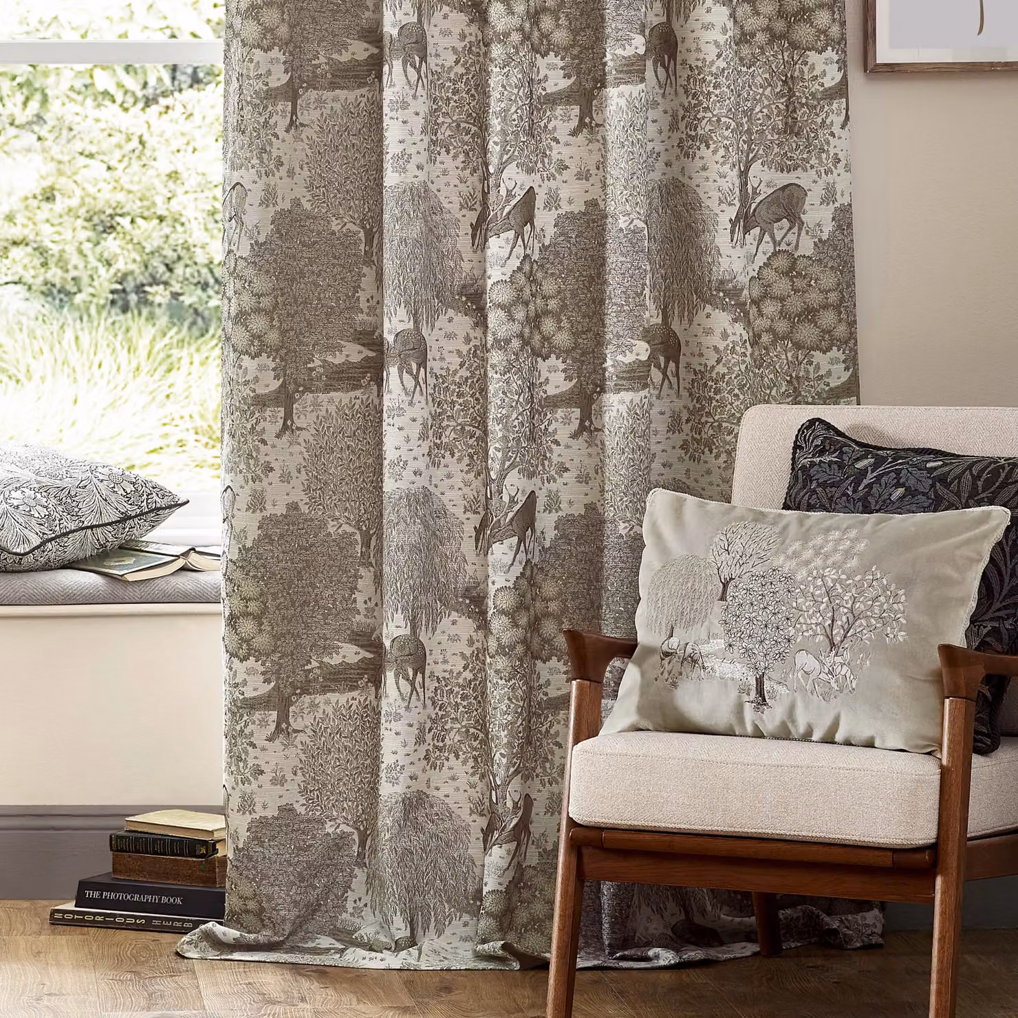 Morris & Co Brook Woodland Jacquard Pencil Pleat Curtains in Beige, Width: 229 cm, Drop: 183 cm – 4