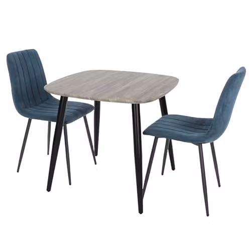 Core Products Aspen 3-Piece Dining Set with Square Grey-Oak Effect Table and 2 Blue Upholstered Fabric Chairs