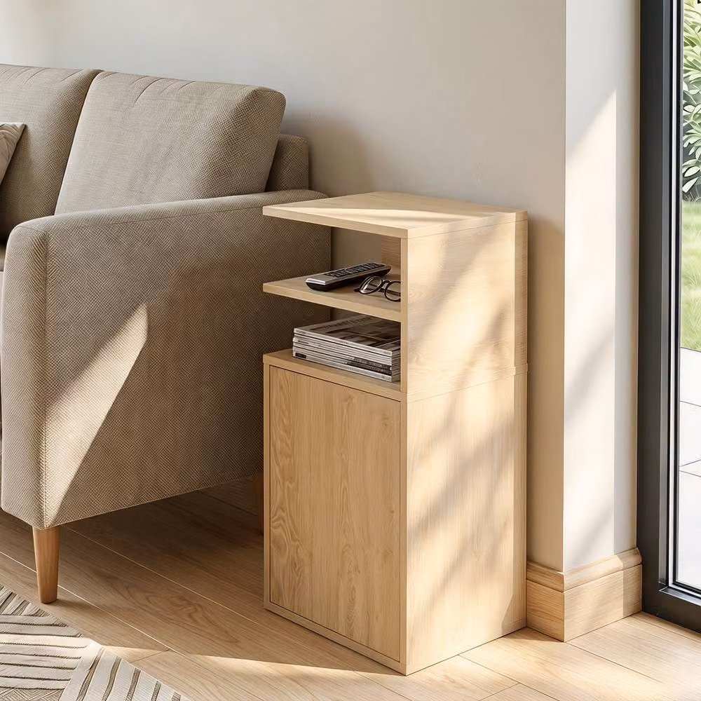 STILVORA Set of 2 Bedside Tables with Open Cubbies and Door in Light Oak – 6
