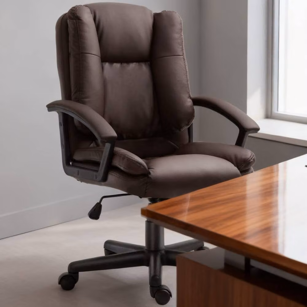 ERGOVEXA Brown Synthetic Leather Task Chair with Armrests and 360 Degree Swivel for Home Office – 1