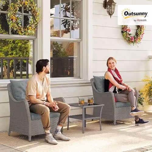 Outsunny Set of 2 Rattan Garden Chairs with Cushions in Grey – 2