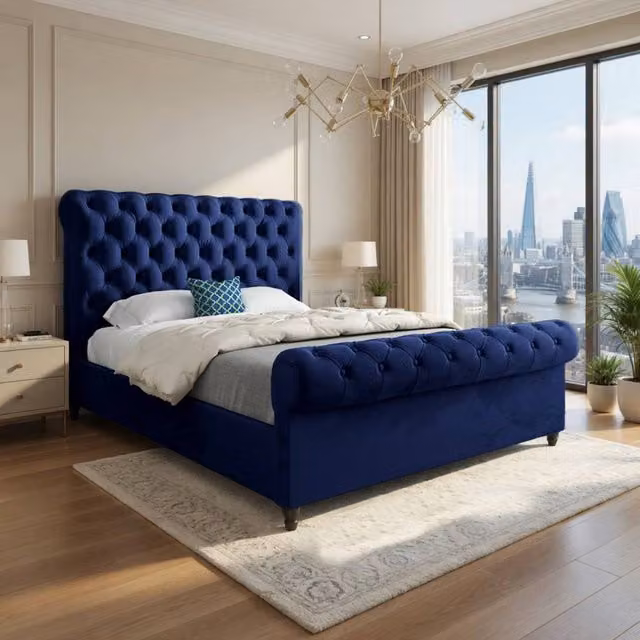 Casani Stopham Sleigh Upholstered Blue Soft Velvet Designer Bed Frame, W/D/H: 144 x 119 x 200 cm – 1