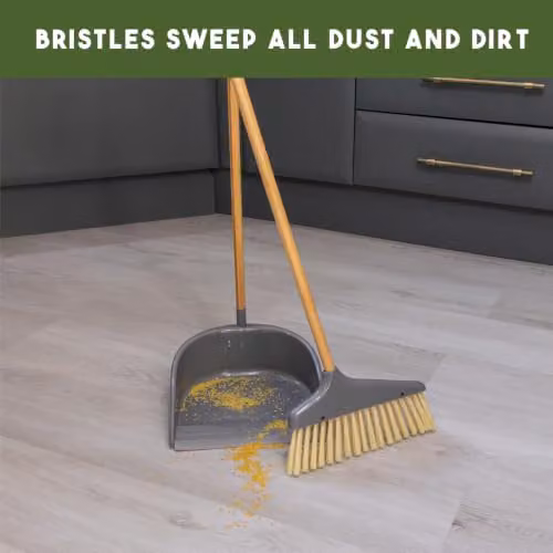 JVL Bamboo Long Handle Dustpan and Bristle Brush Set in Orange or Brown – 2