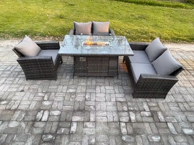 Fimous 5 Seater Rattan Outdoor Garden Furniture Set with Gas Fire Pit Table and Double Seat Sofa Armchair in Dark Mixed Grey