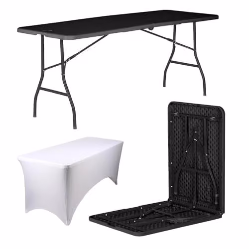 Harbour Housewares Folding Picnic Table with Fitted Tablecloth, Black and White, W: 180 cm, D: 70 cm, H: 73.5 cm
