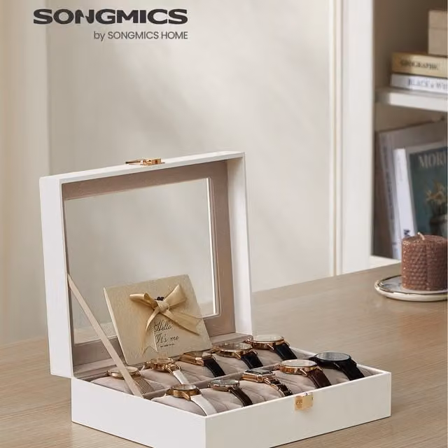 SONGMICS 10-Slot Watch Organiser Case with Glass Lid, White