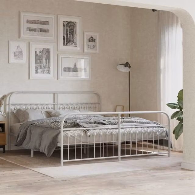 Berkfield Home Metal Bed Frame with Footboard, White, W/D/H: 183 x 203 cm – 1