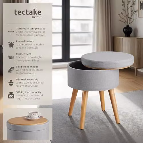 tectake Yara Round Storage Stool in Grey Fabric with Beech Legs, W/D/H: 45.5 x 42.5 x 42.5 cm – 4