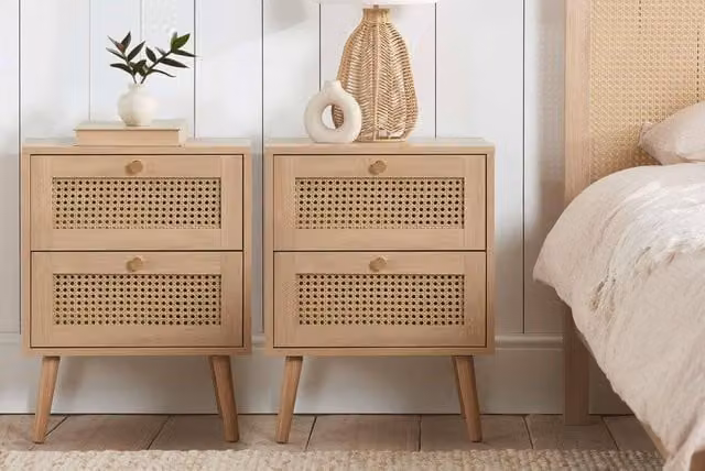 Birlea Croxley Pair of 2 Drawer Rattan Bedside Cabinets in Light Oak – 1
