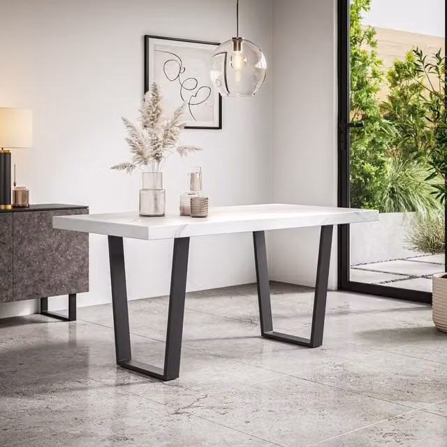 More4Homes Aria Rectangular Marble Dining Table in White with Black Metal Legs, W: 160 cm, D: 80 cm, H: 76 cm – 1