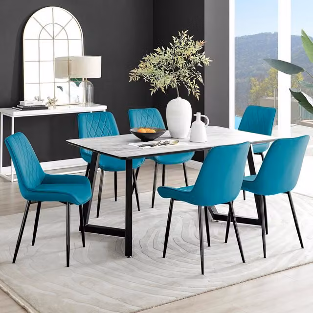 FurnitureboxUK Carson White Marble Effect Dining Table and 6 Blue Velvet Pesaro Chairs with Black Legs
