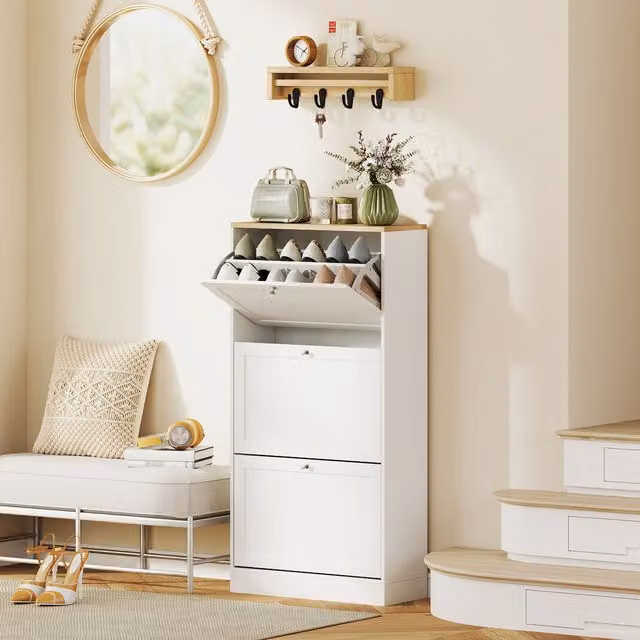 HOMCOM Modern White Wall Mounted Shoe Cabinet with Tilting Compartments and Internal Shelves – 1