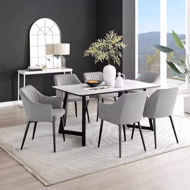FurnitureboxUK Carson White Marble Effect Rectangular Dining Table and 6 Calla Black Leg Chairs in Grey