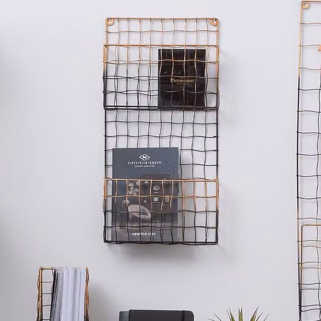Orsina 2 Tier Wall Mounted Geometric Metal Magazine Rack in Black and Gold – 2
