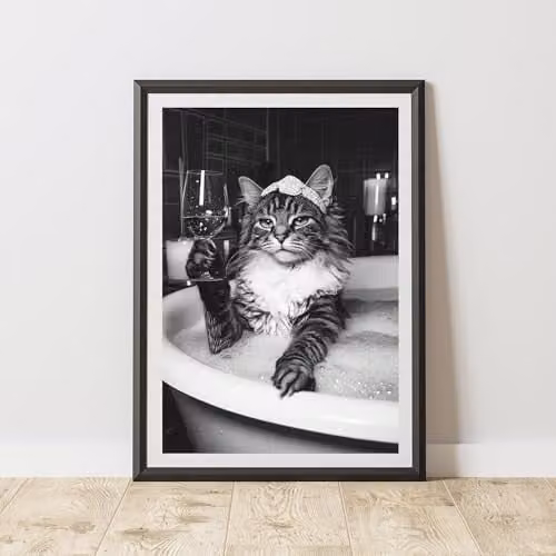 60 Second Makeover Cat In The Bath Wine Animal Print Paper Poster, A4