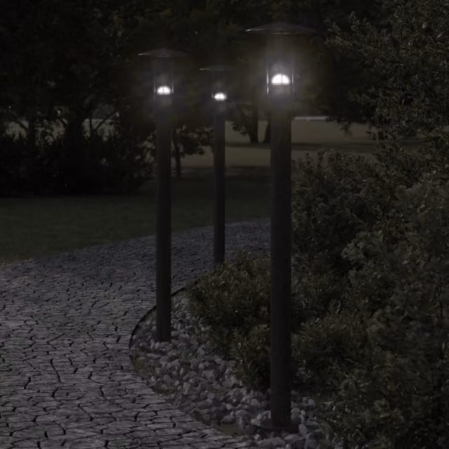 Berkfield Home Set of 3 Solar Powered Black Stainless Steel Outdoor Floor Bollard Lamps, Height: 100 cm – 1