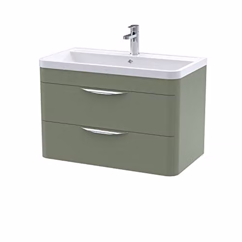 nuie Parade Modern Wall Hung 2 Drawer Bathroom Vanity Basin Cabinet with Ceramic Basin, Satin Green, W: 79.6 cm, D: 44.5 cm, H: 50.12 cm