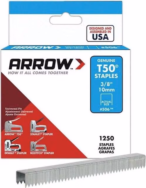 Arrow T50 Flat Wire Staples 10mm, 1250 Pack