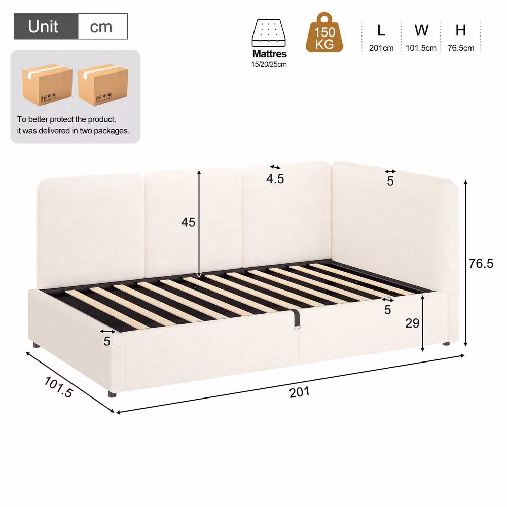 BTM Single Ottoman Daybed with Hydraulic Lift Storage, Beige Boucle Upholstered Chaise, W/D/H: 190 x 90 x 76.5 cm – 4