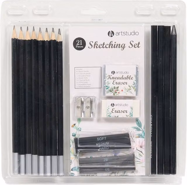 21 Piece Graphite Sketching Set for Adults in Black and White