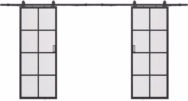 Vente-unique Double Sliding Door in Recess, Black Aluminium and Tempered Glass, Reversible Industrial Style, H: 205 cm