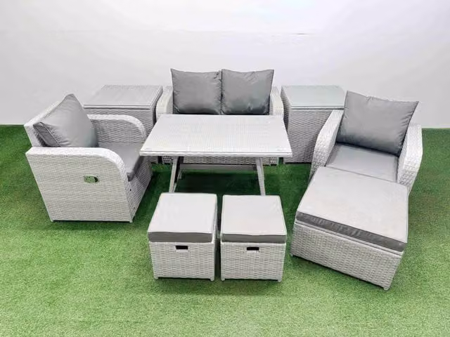 Fimous PE Wicker Rattan Garden Furniture Set in Light Grey with 2-Seater Sofa, Reclining Armchair, Ottoman and Coffee Table