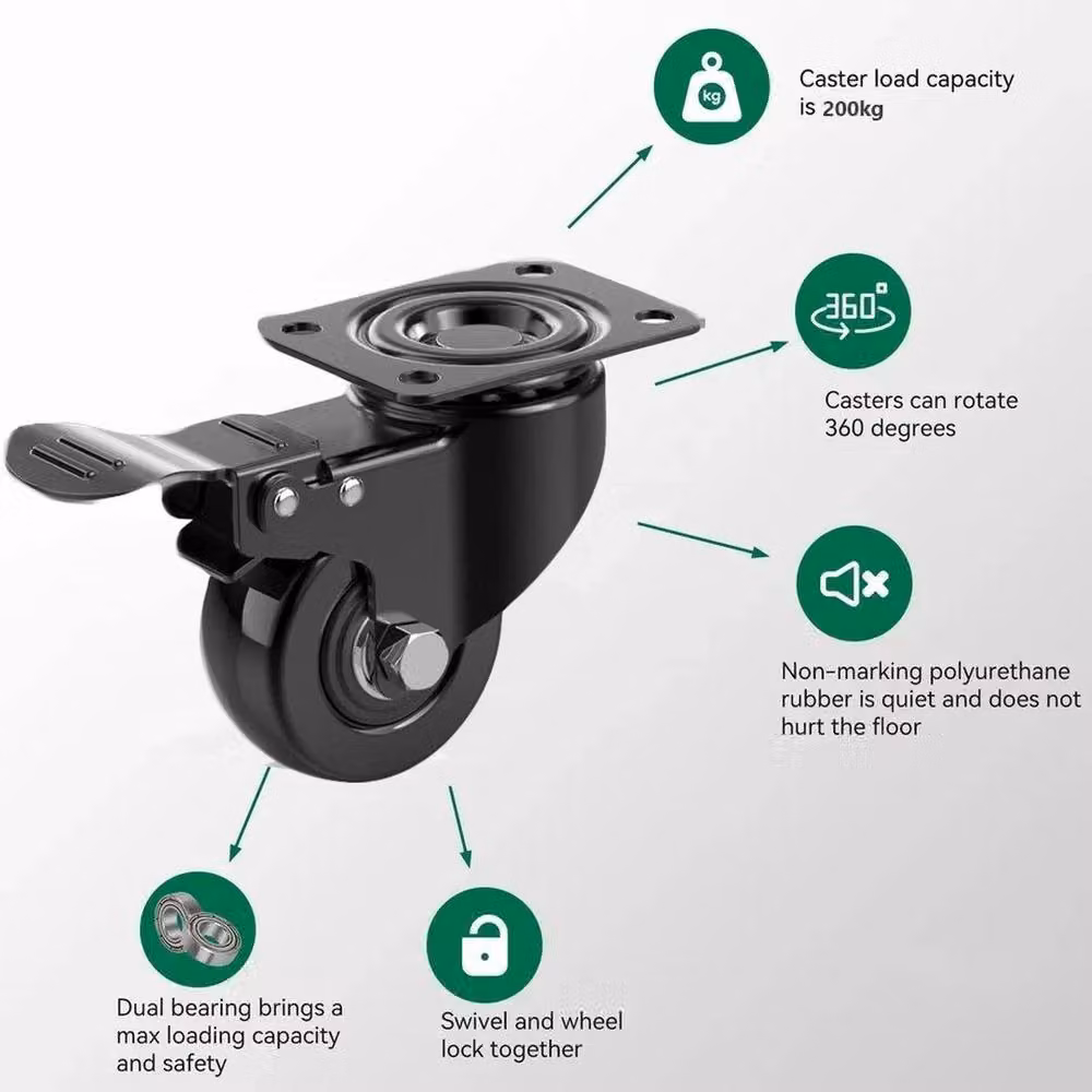 Kelvenix Set of 4 Heavy Duty 50mm PU Swivel Castor Wheels in Black – 4