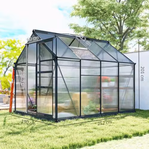 Outsunny Aluminium and Polycarbonate Walk-In Garden Greenhouse with Sliding Door, Grey and Transparent – 6